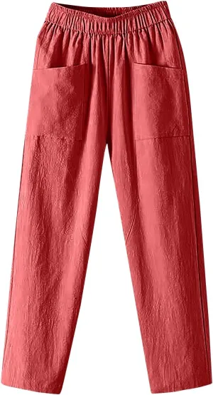 Womens Cargo Pants, Summer Casual Straight Leg Pants Peasant Linen Drawstring High