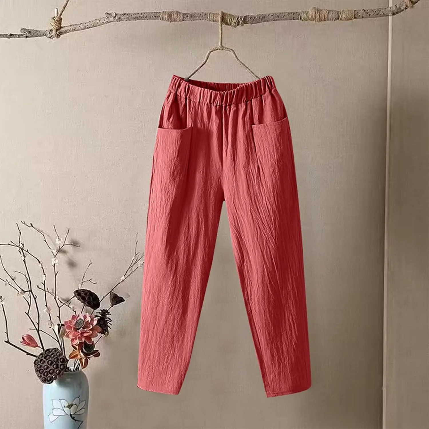 Womens Cargo Pants, Summer Casual Straight Leg Pants Peasant Linen Drawstring High