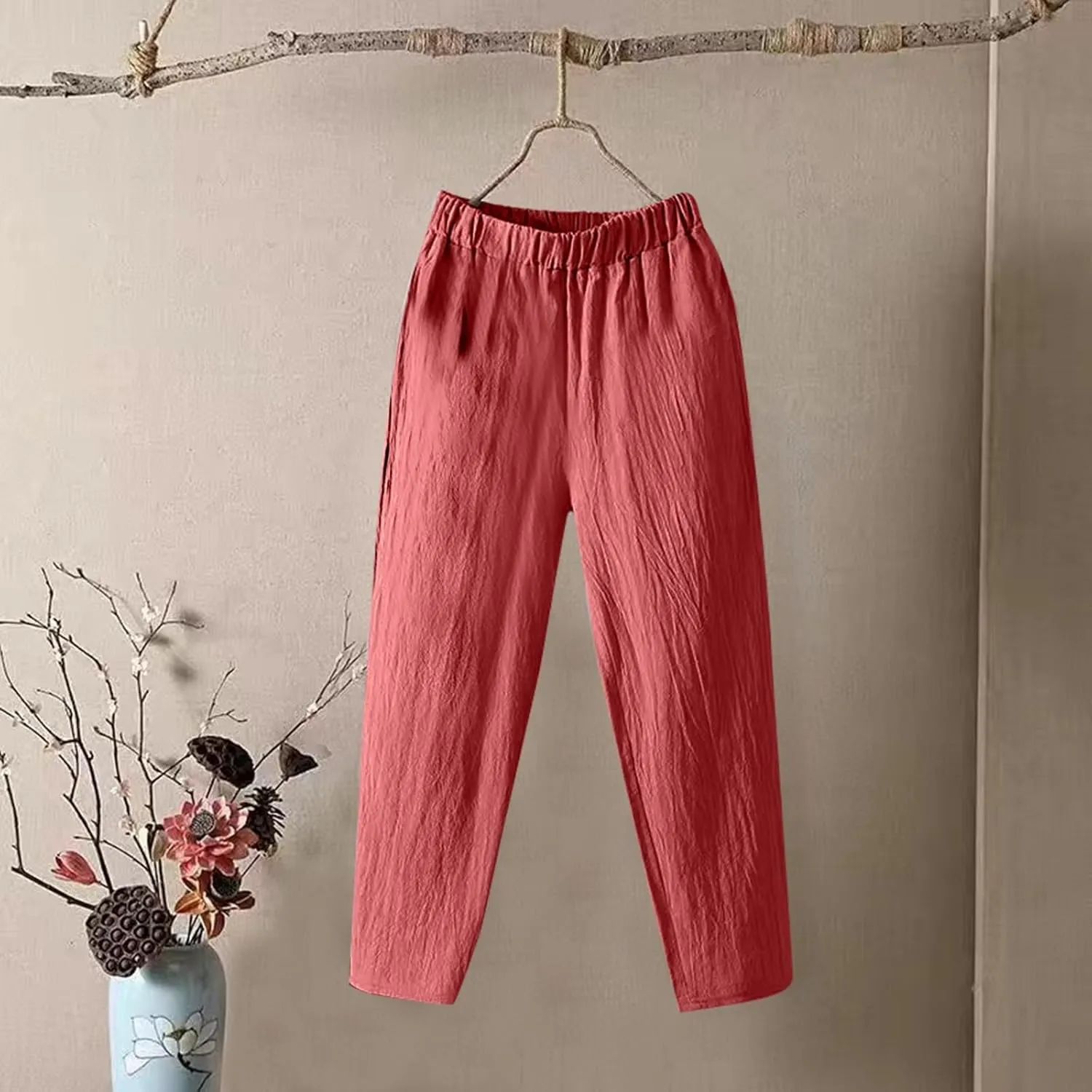 Womens Cargo Pants, Summer Casual Straight Leg Pants Peasant Linen Drawstring High