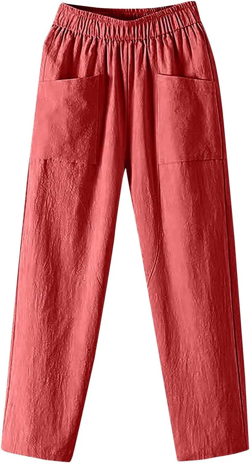 Womens Cargo Pants, Summer Casual Straight Leg Pants Peasant Linen Drawstring High