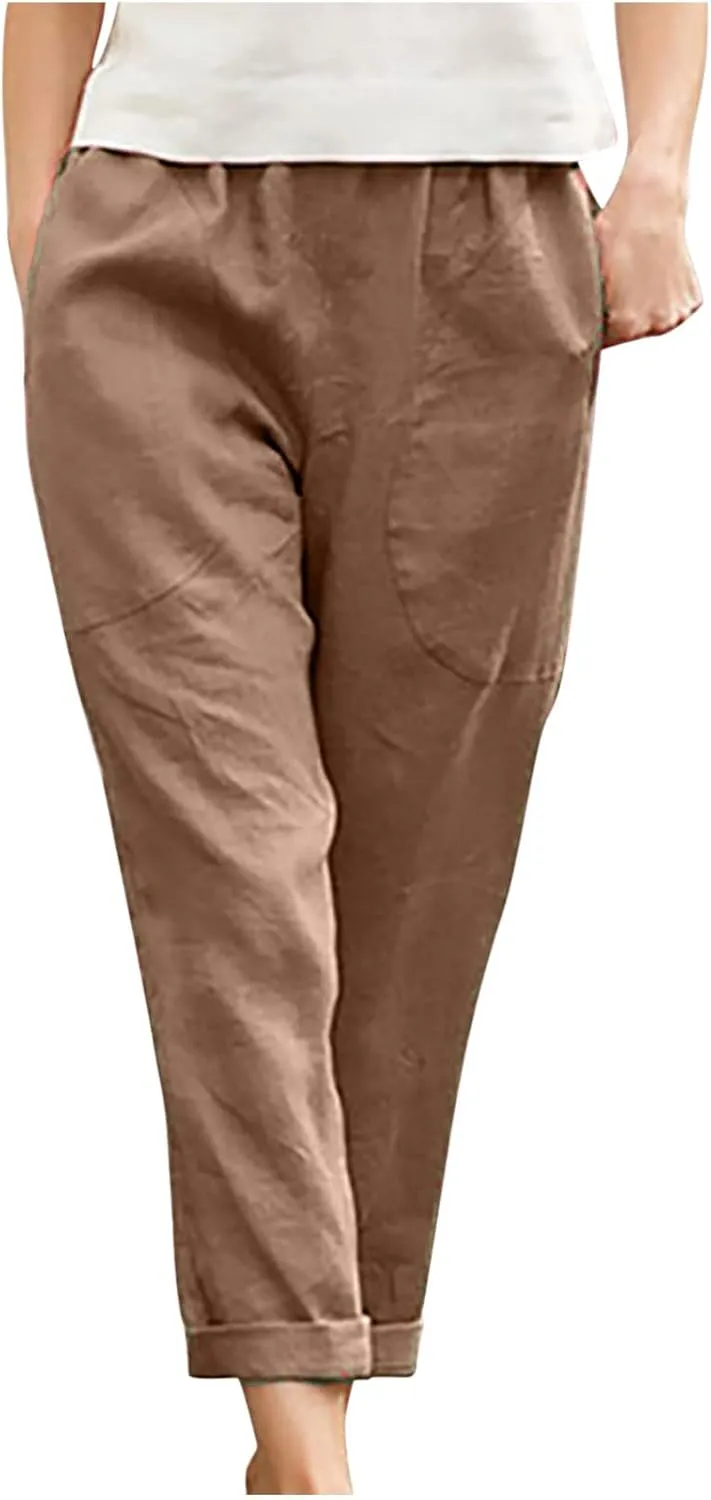 Women's Casual Cotton Linen Pants Tapered Capri Cargo Pants Loose Elastic Waist Ankle Cropped Trousers with Pockets