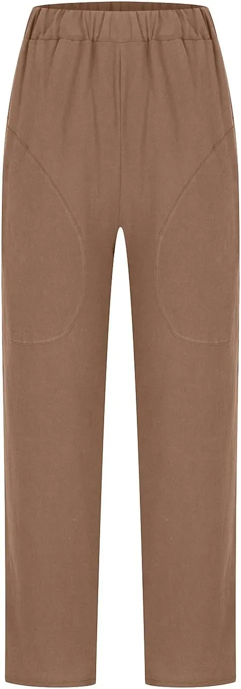 Women's Casual Cotton Linen Pants Tapered Capri Cargo Pants Loose Elastic Waist Ankle Cropped Trousers with Pockets