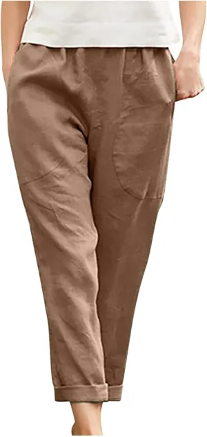 Women's Casual Cotton Linen Pants Tapered Capri Cargo Pants Loose Elastic Waist Ankle Cropped Trousers with Pockets
