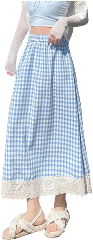 Women's Casual Elastic Waist Plaid Skirt Lace Plaid Flowy Ruffle Skirts Cute Y2K A-Line Gingham Swing Midi Long Skirt