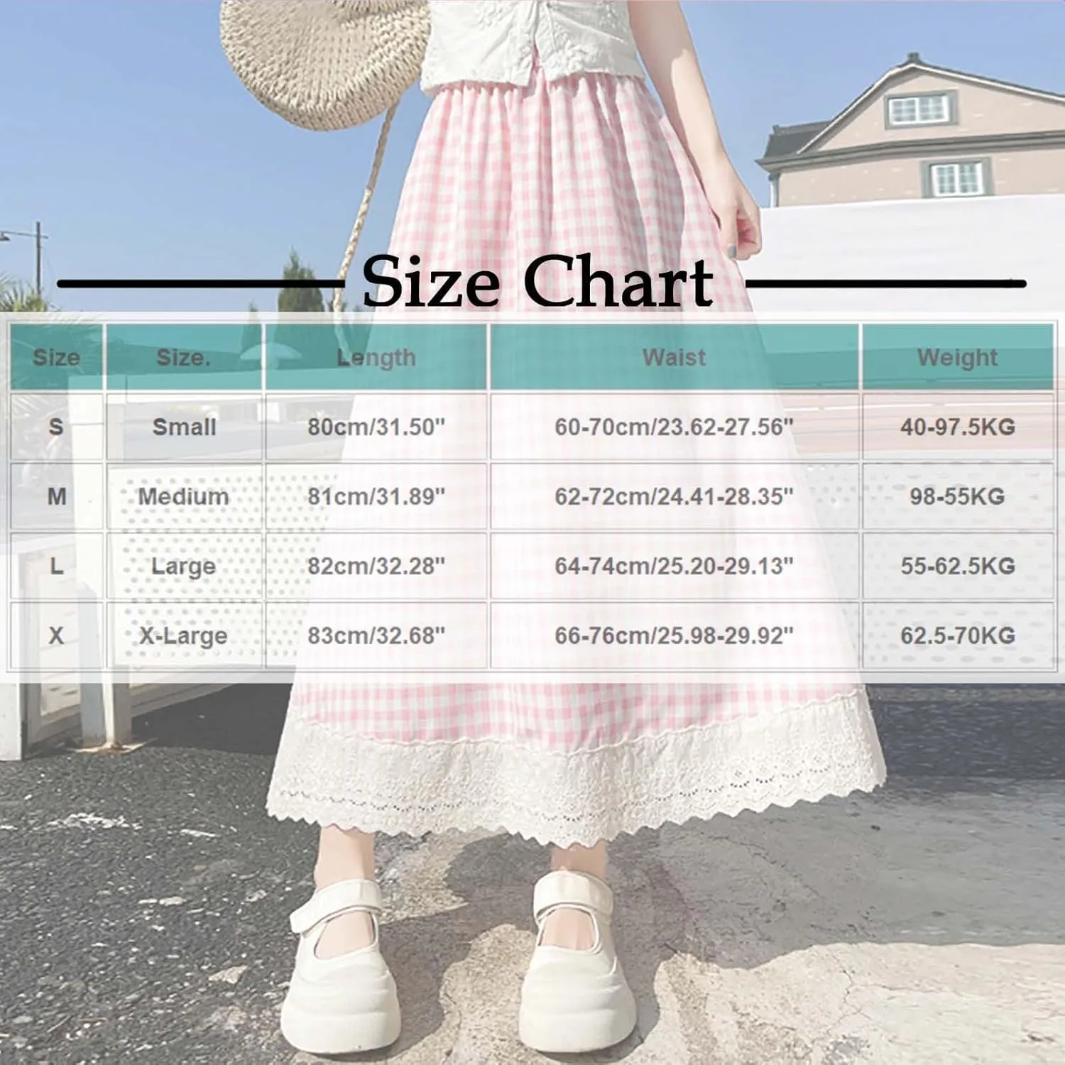 Women's Casual Elastic Waist Plaid Skirt Lace Plaid Flowy Ruffle Skirts Cute Y2K A-Line Gingham Swing Midi Long Skirt