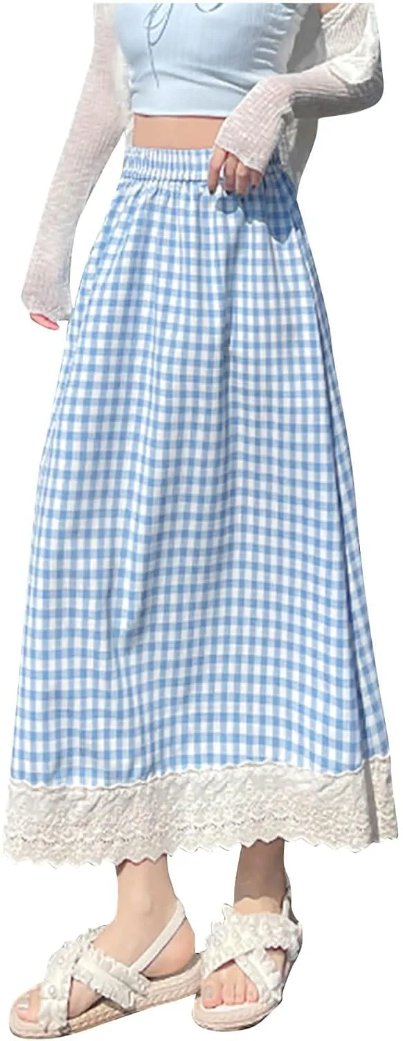 Women's Casual Elastic Waist Plaid Skirt Lace Plaid Flowy Ruffle Skirts Cute Y2K A-Line Gingham Swing Midi Long Skirt