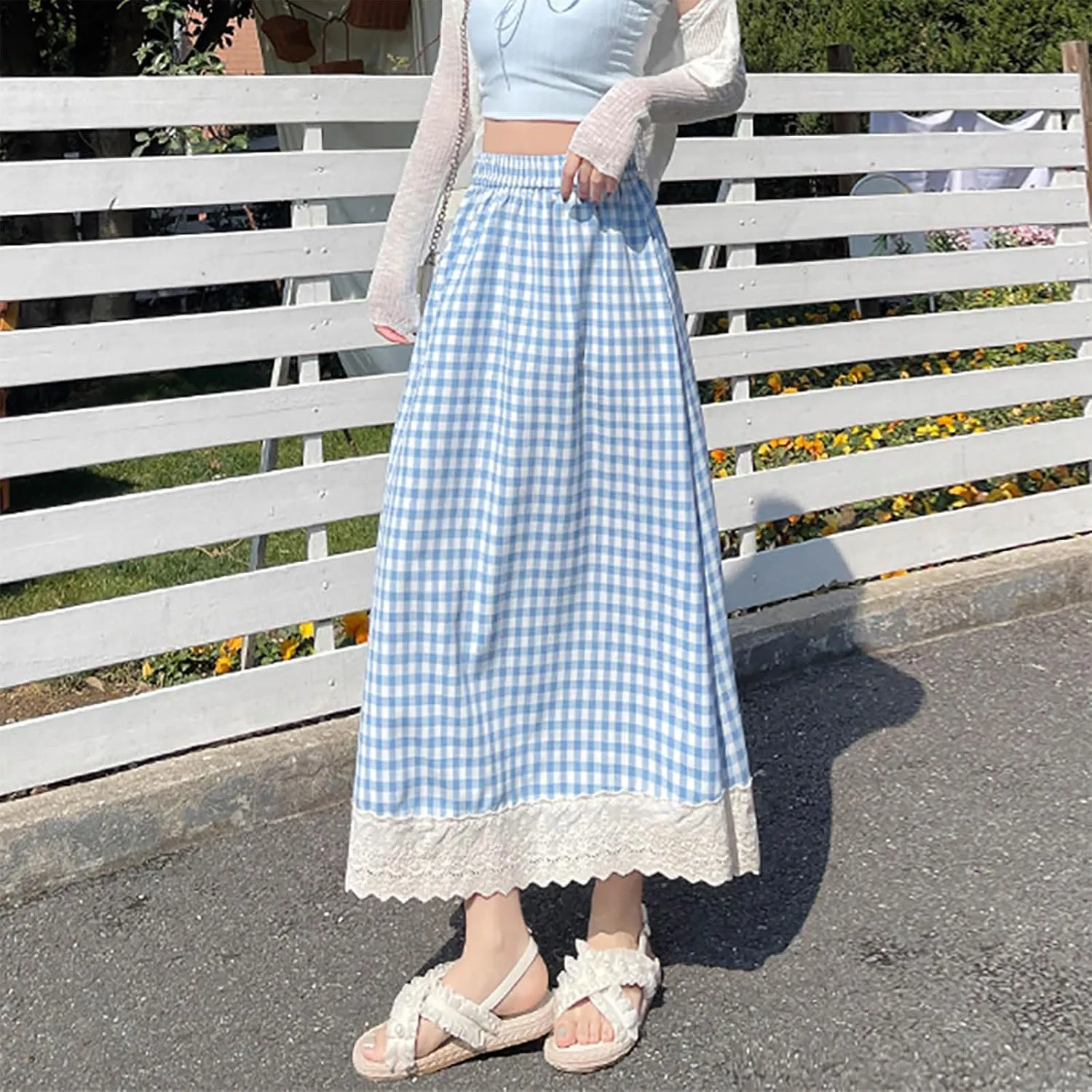 Women's Casual Elastic Waist Plaid Skirt Lace Plaid Flowy Ruffle Skirts Cute Y2K A-Line Gingham Swing Midi Long Skirt