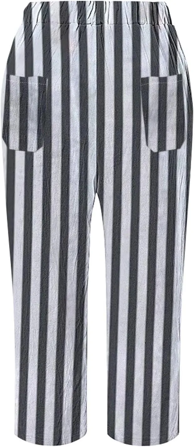 Womens Casual Linen Pants 2024 Drawstring Elastic Waist Trousers with Pockets Lounge Fashion Vacation Capri Pants