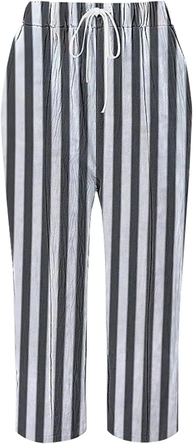 Womens Casual Linen Pants 2024 Drawstring Elastic Waist Trousers with Pockets Lounge Fashion Vacation Capri Pants