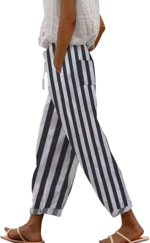 Womens Casual Linen Pants 2024 Drawstring Elastic Waist Trousers with Pockets Lounge Fashion Vacation Capri Pants