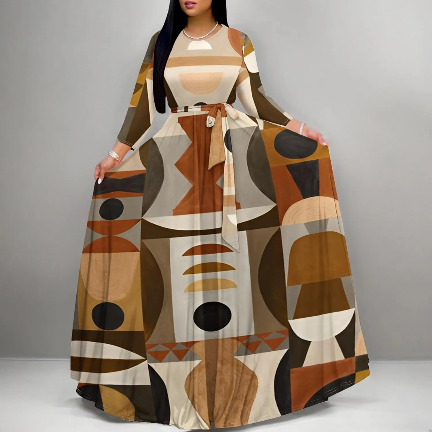 Women's Casual Maxi Dress 3/4 Sleeves Round Neck Wrap Maxi Sundress Plus Size African Style Dress with Belt