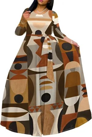 Women's Casual Maxi Dress 3/4 Sleeves Round Neck Wrap Maxi Sundress Plus Size African Style Dress with Belt