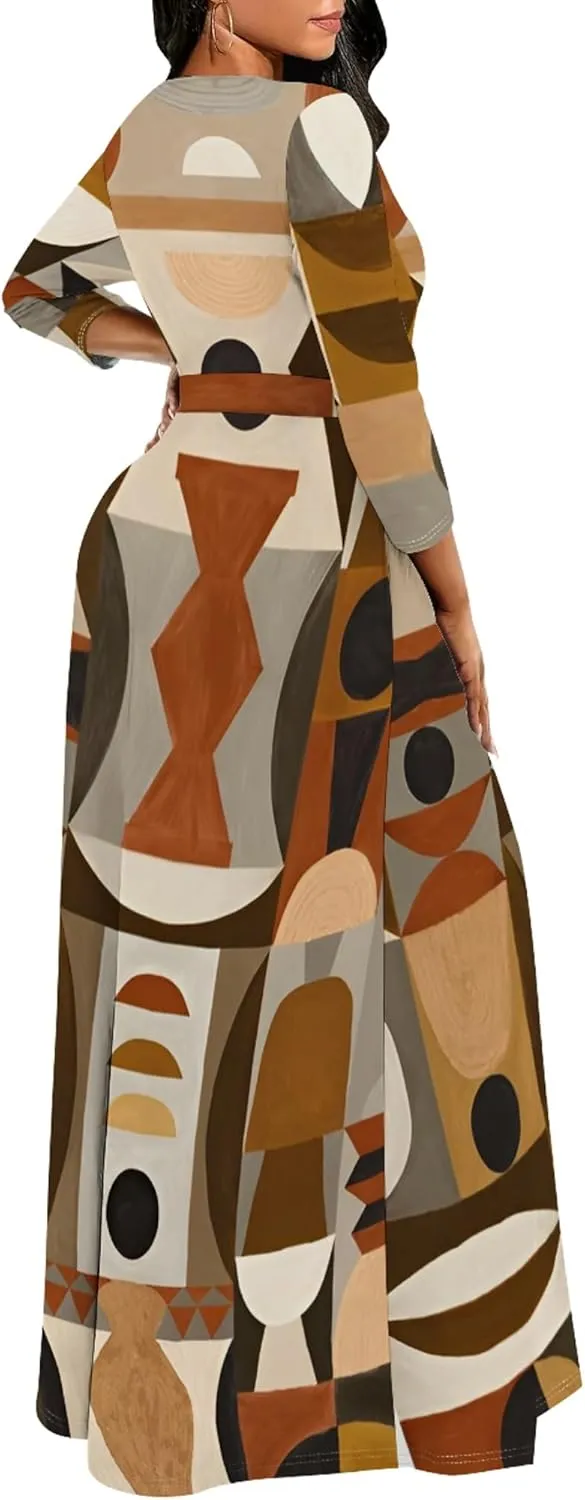 Women's Casual Maxi Dress 3/4 Sleeves Round Neck Wrap Maxi Sundress Plus Size African Style Dress with Belt