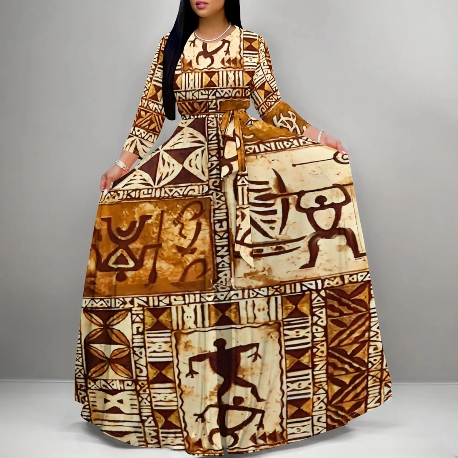 Women's Casual Maxi Dress 3/4 Sleeves Round Neck Wrap Maxi Sundress Plus Size African Style Dress with Belt