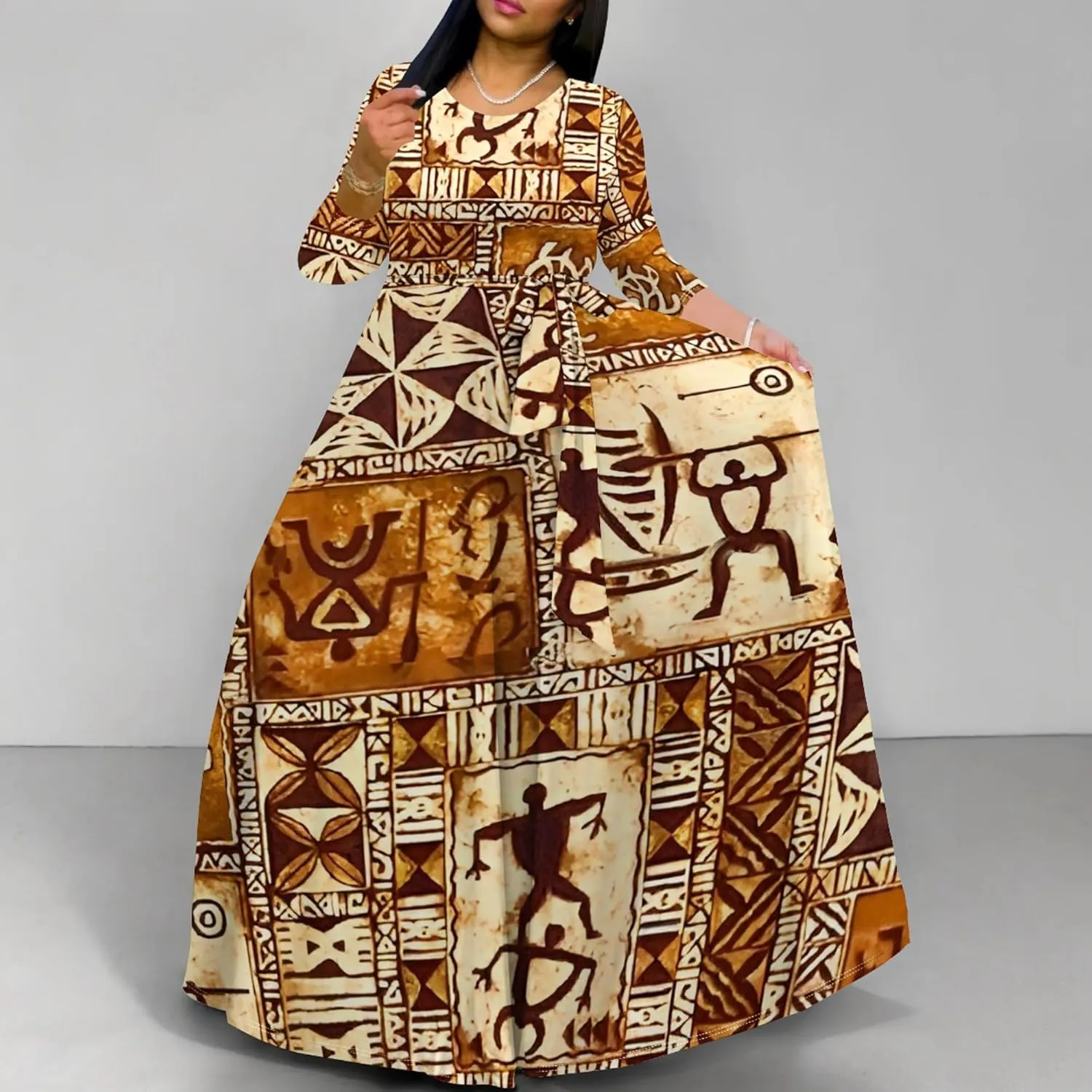 Women's Casual Maxi Dress 3/4 Sleeves Round Neck Wrap Maxi Sundress Plus Size African Style Dress with Belt