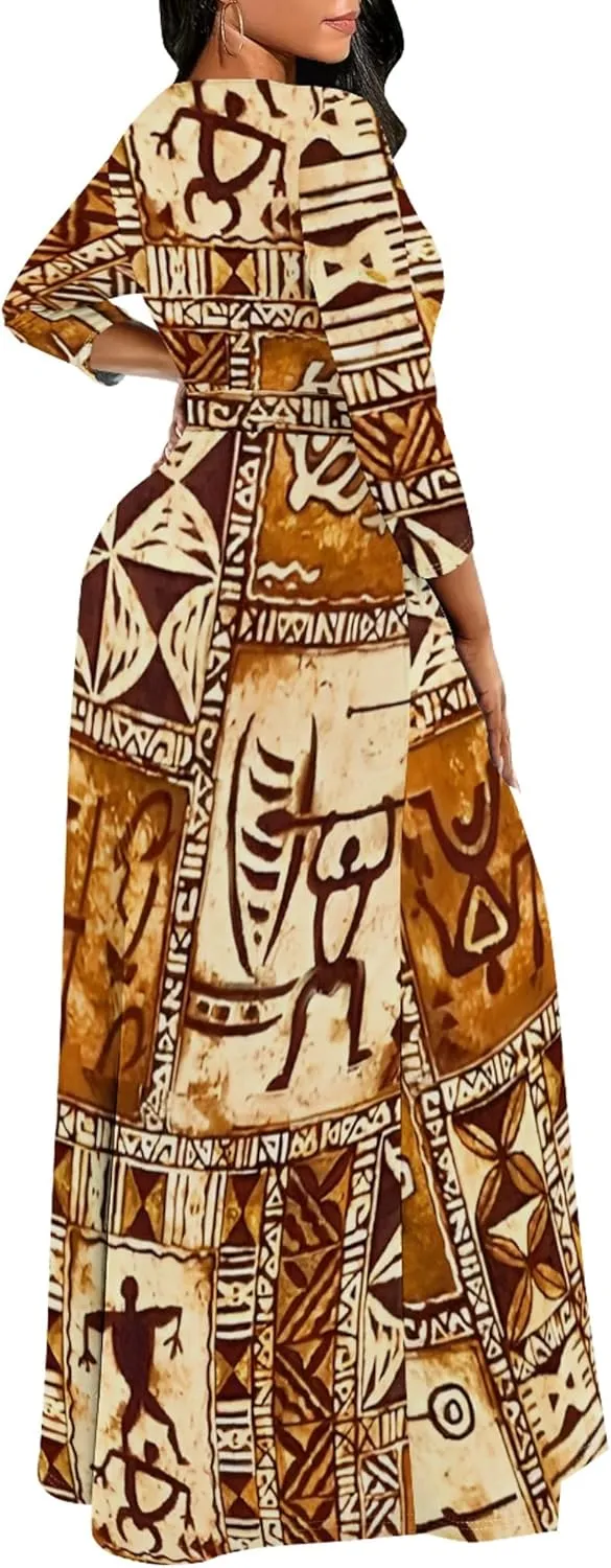 Women's Casual Maxi Dress 3/4 Sleeves Round Neck Wrap Maxi Sundress Plus Size African Style Dress with Belt