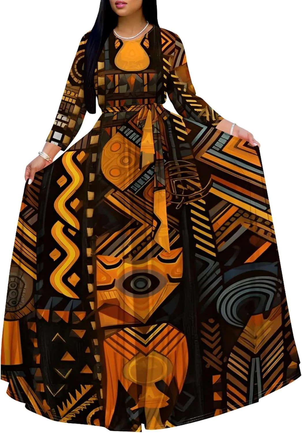 Women's Casual Maxi Dress 3/4 Sleeves Round Neck Wrap Maxi Sundress Plus Size African Style Dress with Belt
