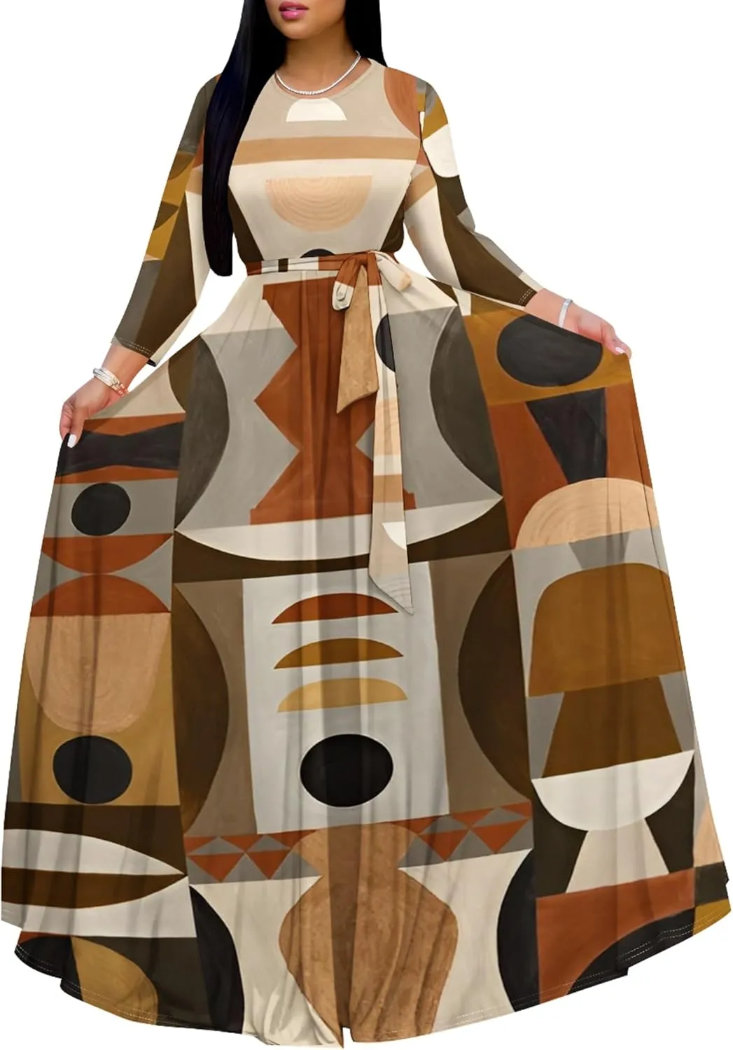 Women's Casual Maxi Dress 3/4 Sleeves Round Neck Wrap Maxi Sundress Plus Size African Style Dress with Belt