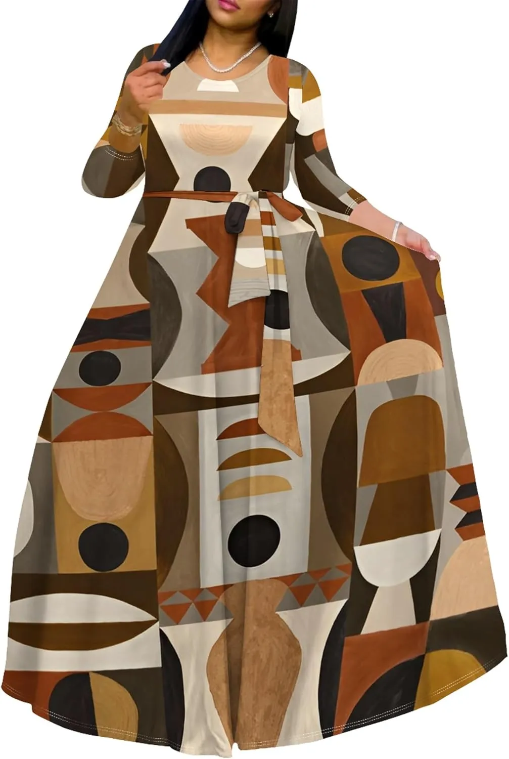 Women's Casual Maxi Dress 3/4 Sleeves Round Neck Wrap Maxi Sundress Plus Size African Style Dress with Belt