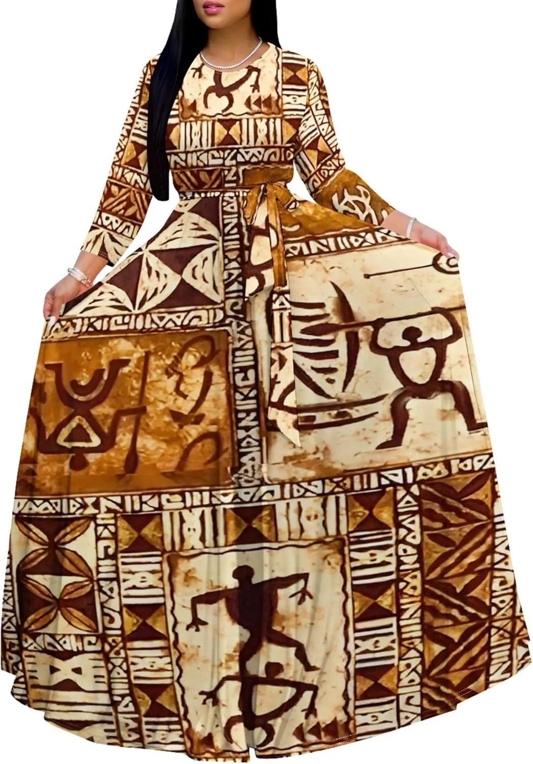 Women's Casual Maxi Dress 3/4 Sleeves Round Neck Wrap Maxi Sundress Plus Size African Style Dress with Belt