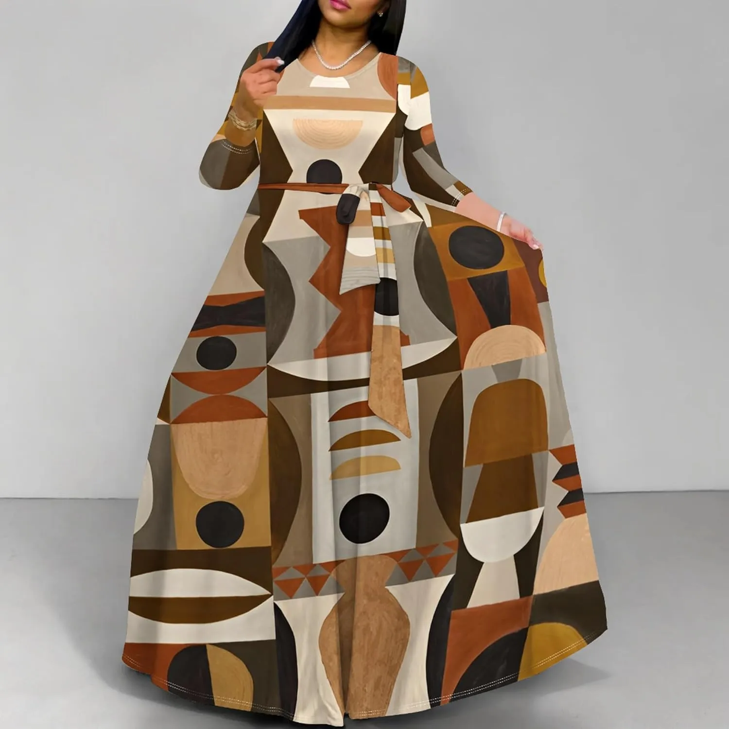 Women's Casual Maxi Dress 3/4 Sleeves Round Neck Wrap Maxi Sundress Plus Size African Style Dress with Belt