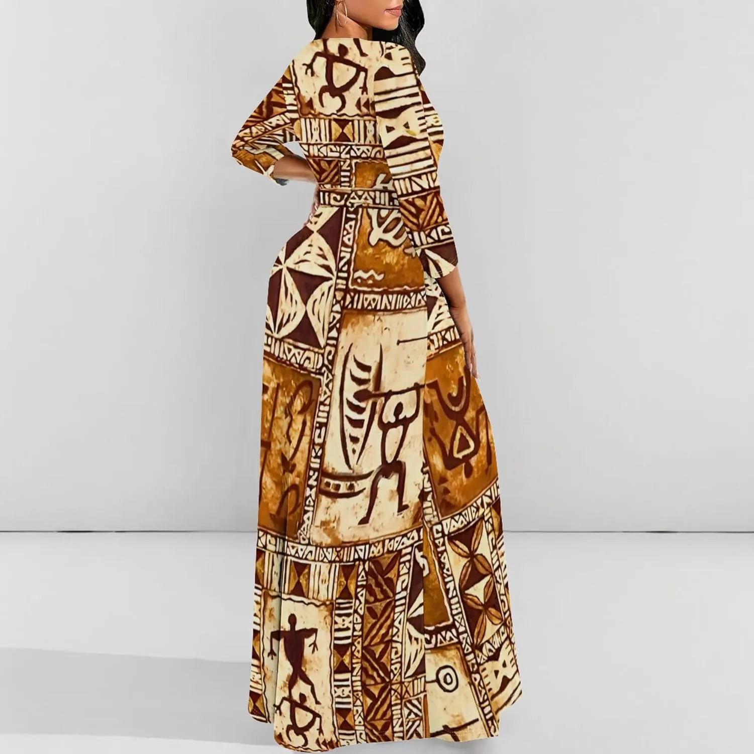 Women's Casual Maxi Dress 3/4 Sleeves Round Neck Wrap Maxi Sundress Plus Size African Style Dress with Belt