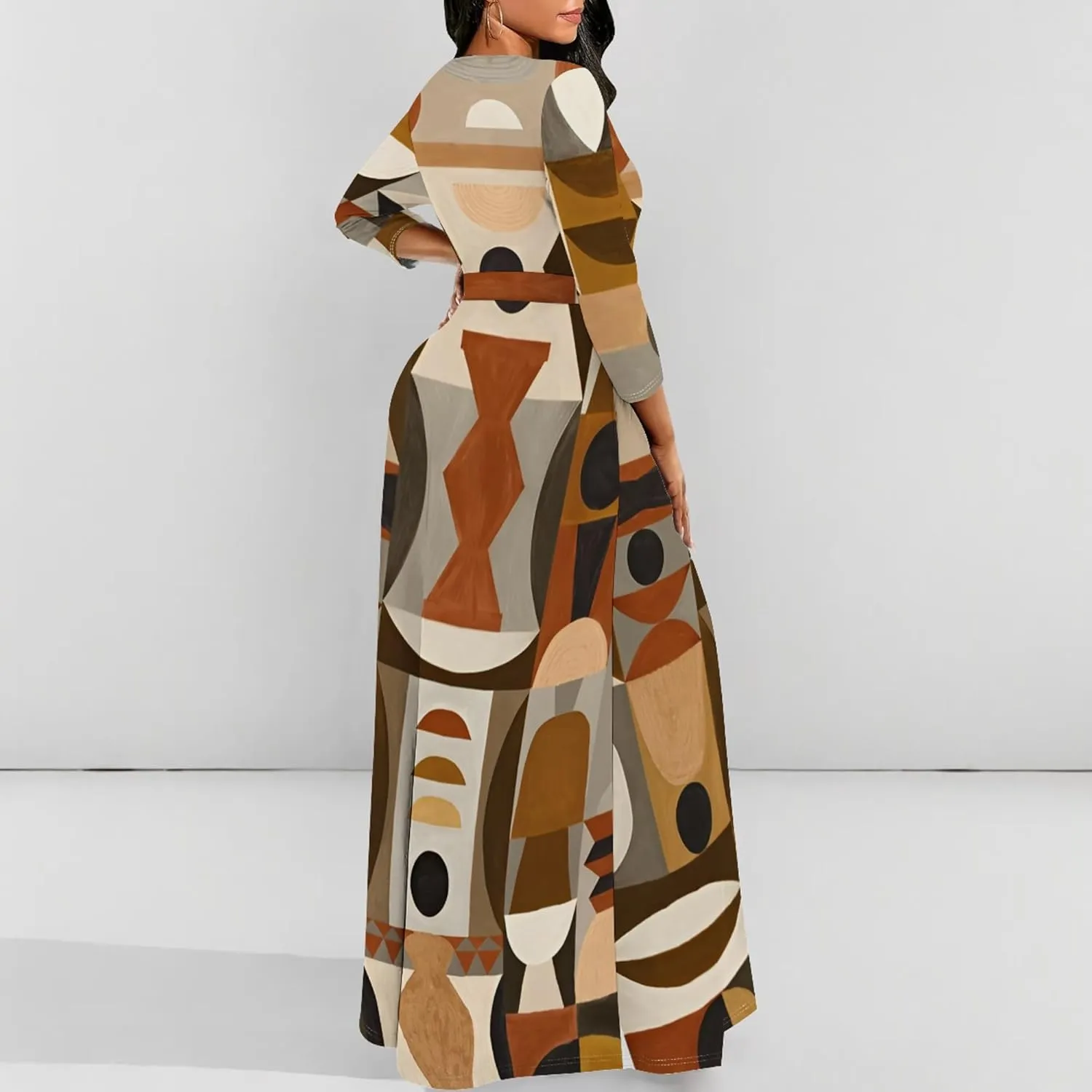 Women's Casual Maxi Dress 3/4 Sleeves Round Neck Wrap Maxi Sundress Plus Size African Style Dress with Belt