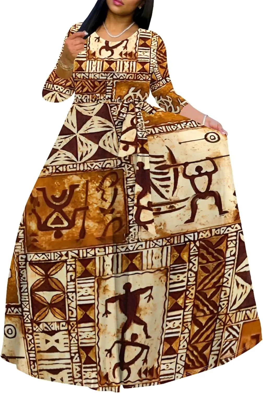 Women's Casual Maxi Dress 3/4 Sleeves Round Neck Wrap Maxi Sundress Plus Size African Style Dress with Belt