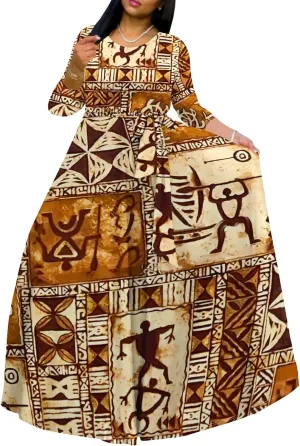 Women's Casual Maxi Dress 3/4 Sleeves Round Neck Wrap Maxi Sundress Plus Size African Style Dress with Belt
