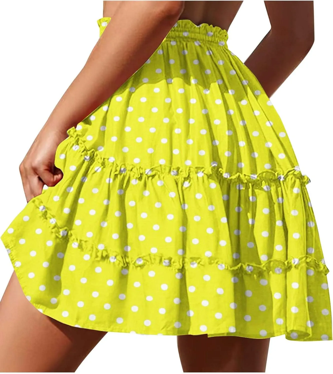 Women's Casual Summer Skirts High Waist Pleated Skirts A-Line Flowy Swing Tiered Skirt Polka Dots Beach Skirt