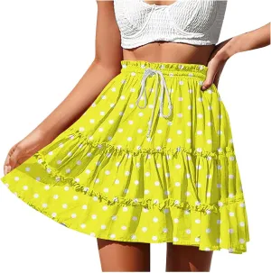 Women's Casual Summer Skirts High Waist Pleated Skirts A-Line Flowy Swing Tiered Skirt Polka Dots Beach Skirt