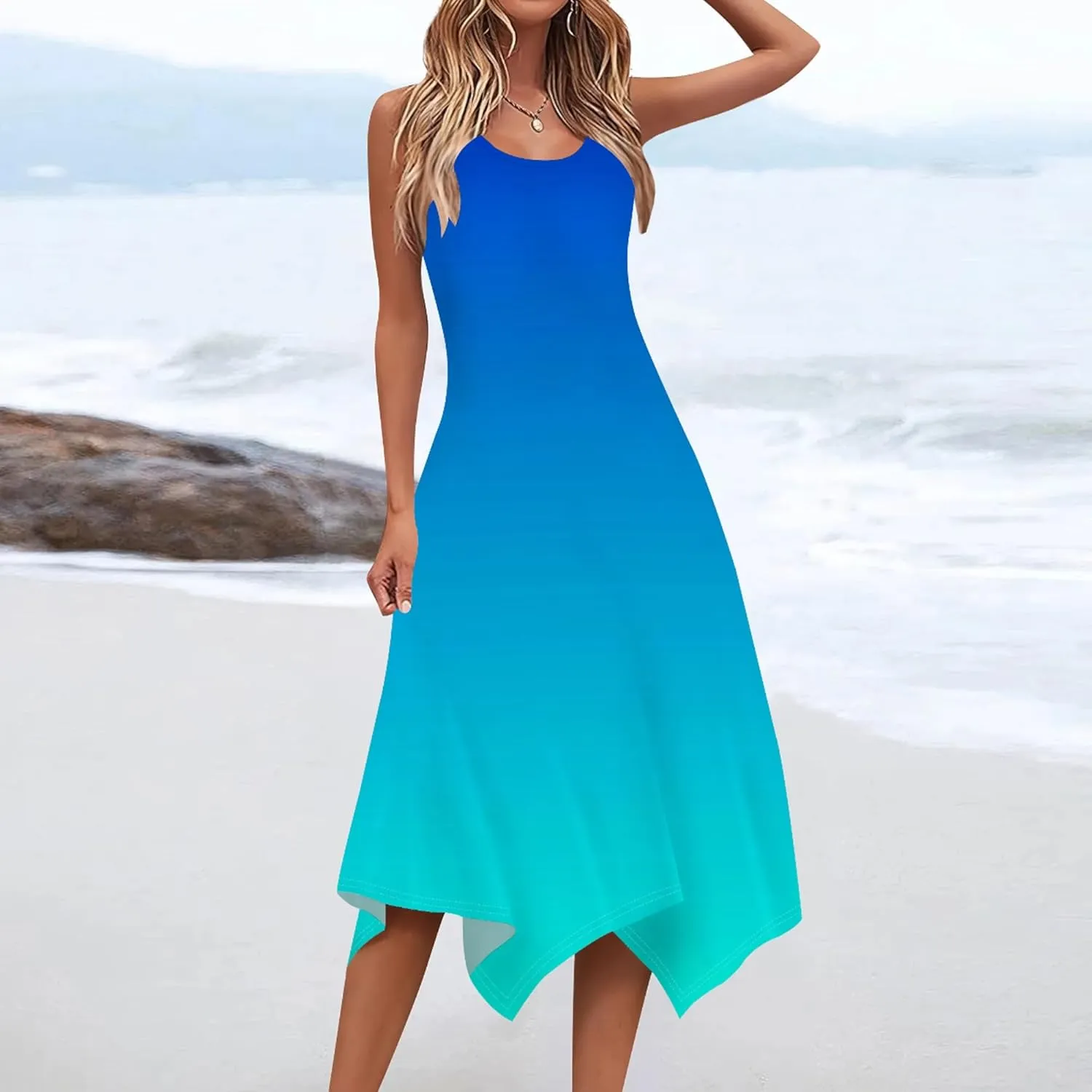Women's Casual Summer Solid Color Midi Dress Sleeveless Swing Tank Sundress Pleated Tshirt Beach Cover Ups Dresses