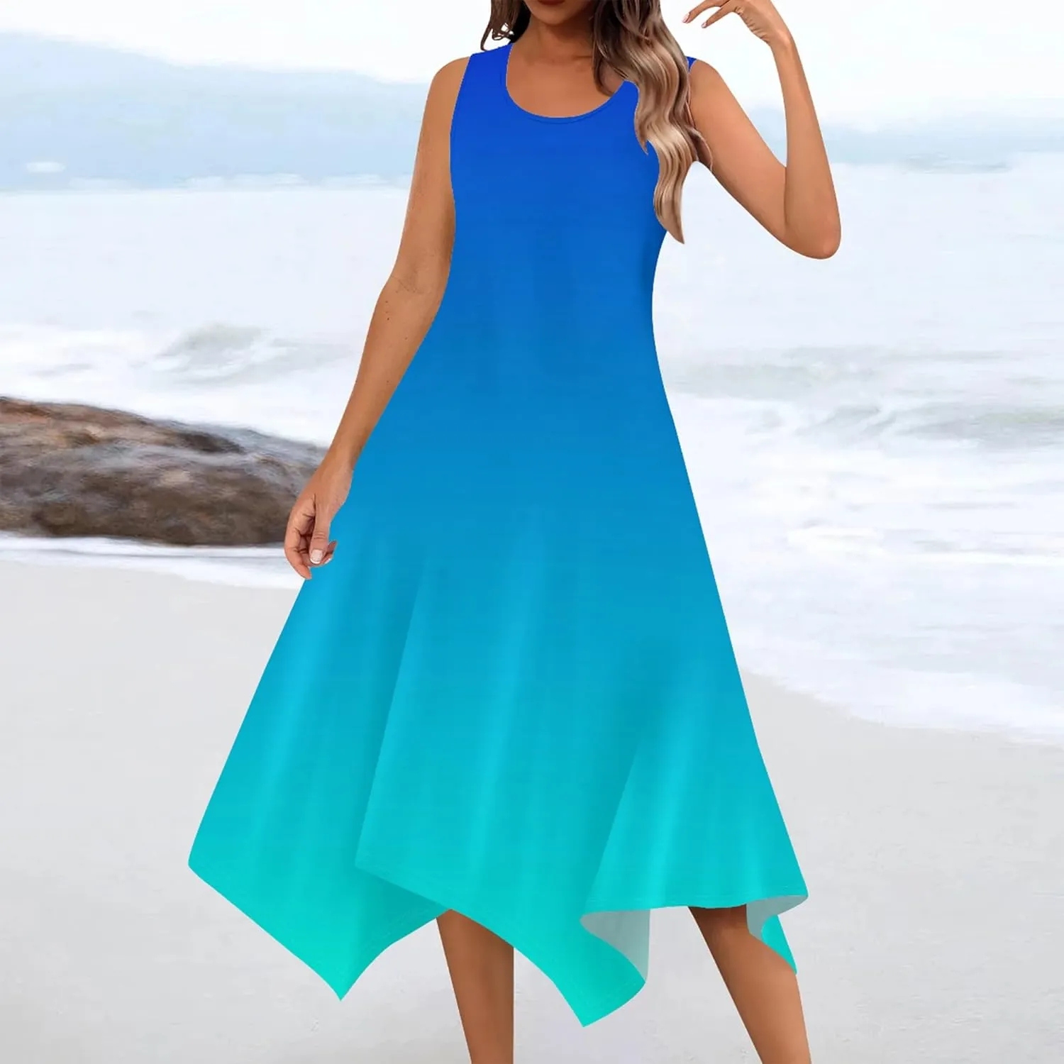Women's Casual Summer Solid Color Midi Dress Sleeveless Swing Tank Sundress Pleated Tshirt Beach Cover Ups Dresses
