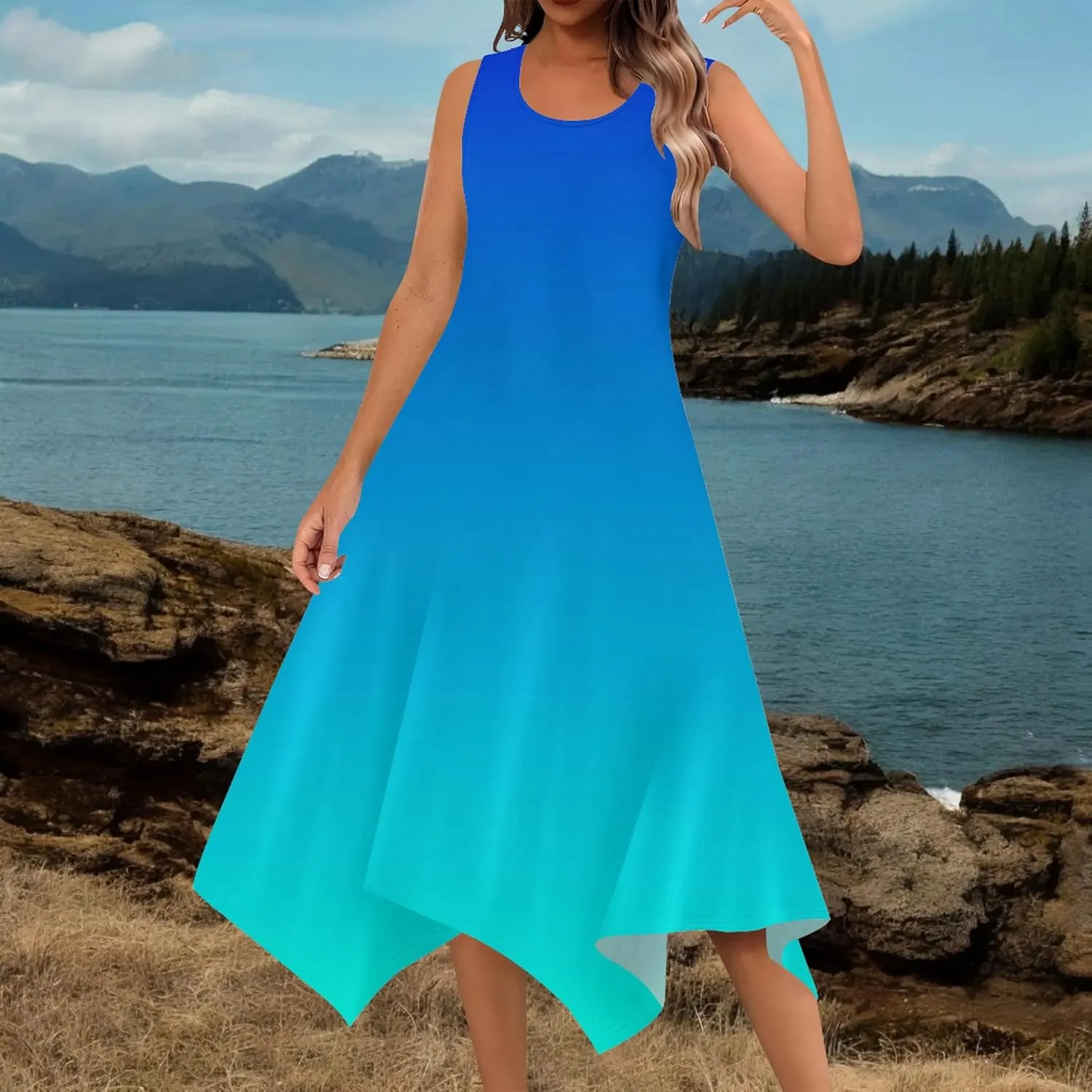 Women's Casual Summer Solid Color Midi Dress Sleeveless Swing Tank Sundress Pleated Tshirt Beach Cover Ups Dresses