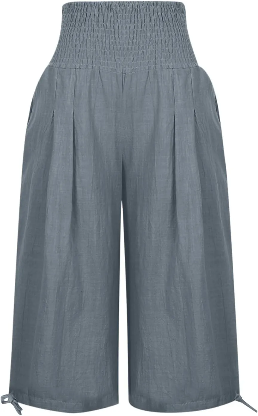 Womens Cotton Linen Capri Pants High Waisted Flowy Lounge Wide Leg Palazzo Capris Baggy Summer Casual Cropped Trouser