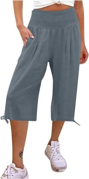 Womens Cotton Linen Capri Pants High Waisted Flowy Lounge Wide Leg Palazzo Capris Baggy Summer Casual Cropped Trouser