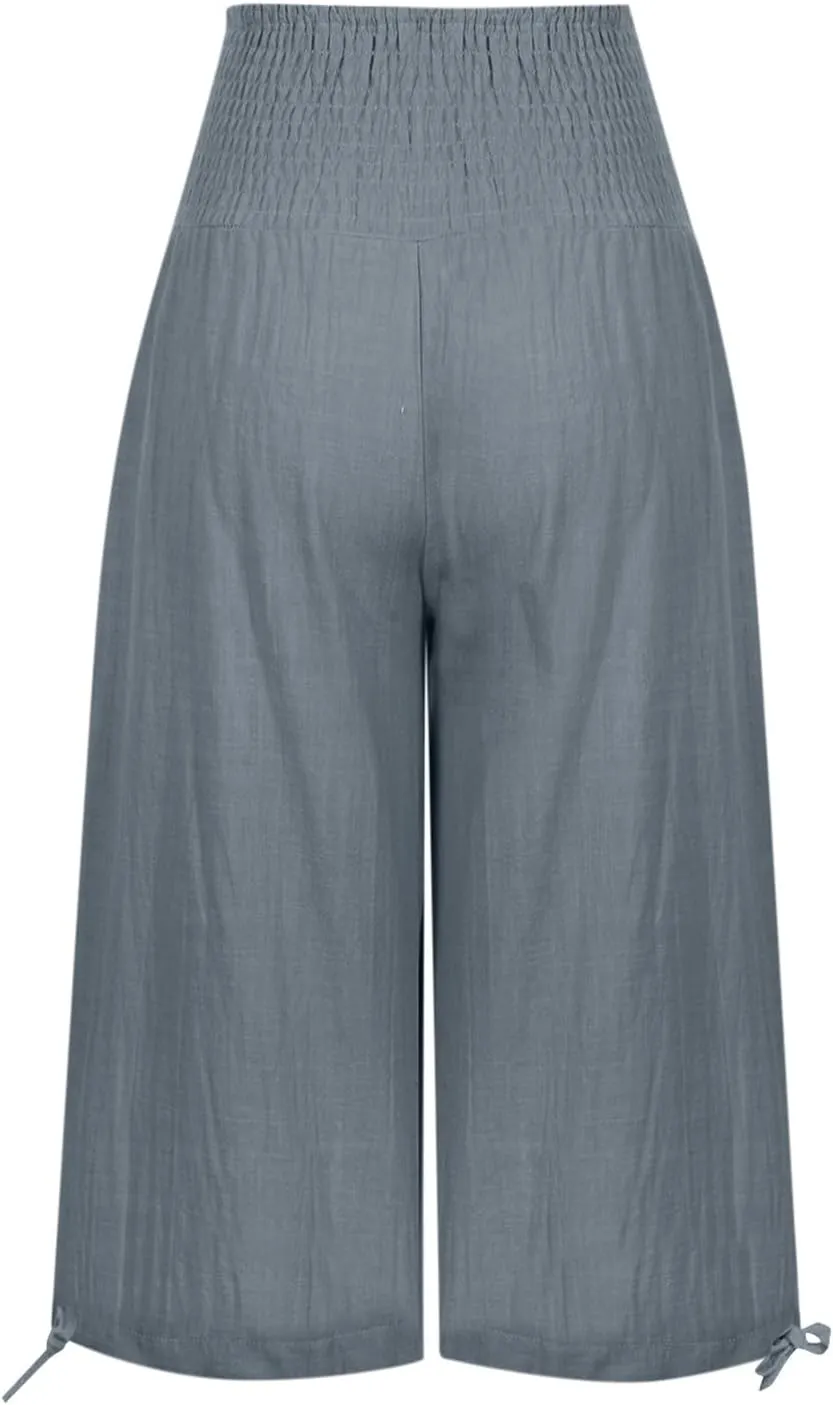 Womens Cotton Linen Capri Pants High Waisted Flowy Lounge Wide Leg Palazzo Capris Baggy Summer Casual Cropped Trouser