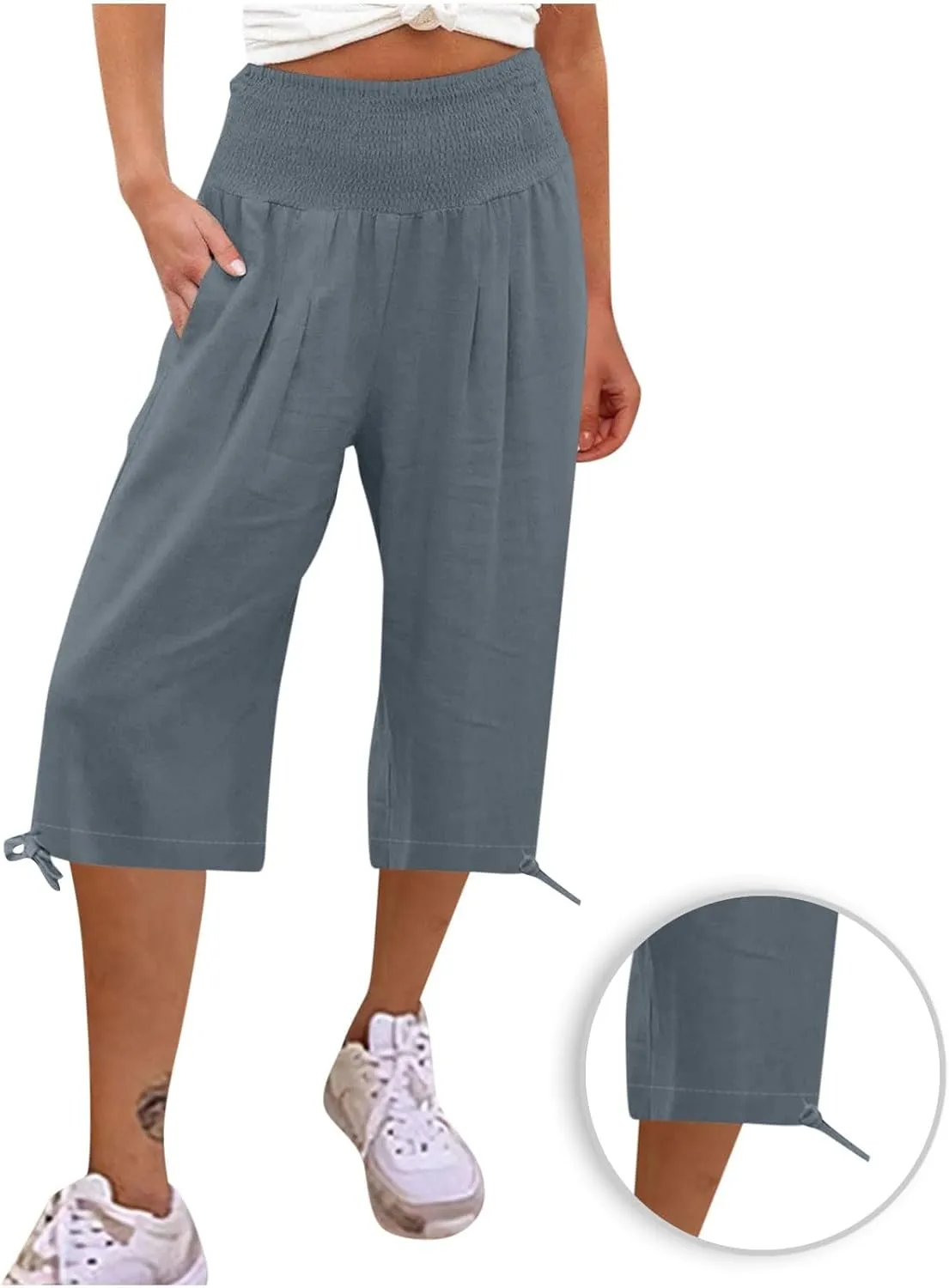 Womens Cotton Linen Capri Pants High Waisted Flowy Lounge Wide Leg Palazzo Capris Baggy Summer Casual Cropped Trouser