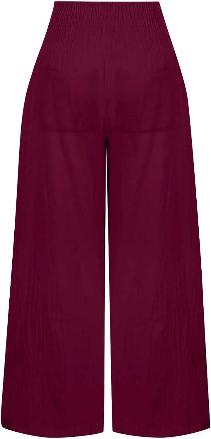 Women's Cotton Linen Summer Pull On Palazzo Lounge Pants Low Waist Bootcut Slim-Fit Trousers Trendy