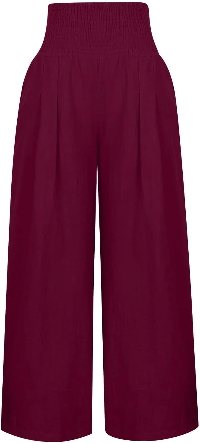 Women's Cotton Linen Summer Pull On Palazzo Lounge Pants Low Waist Bootcut Slim-Fit Trousers Trendy