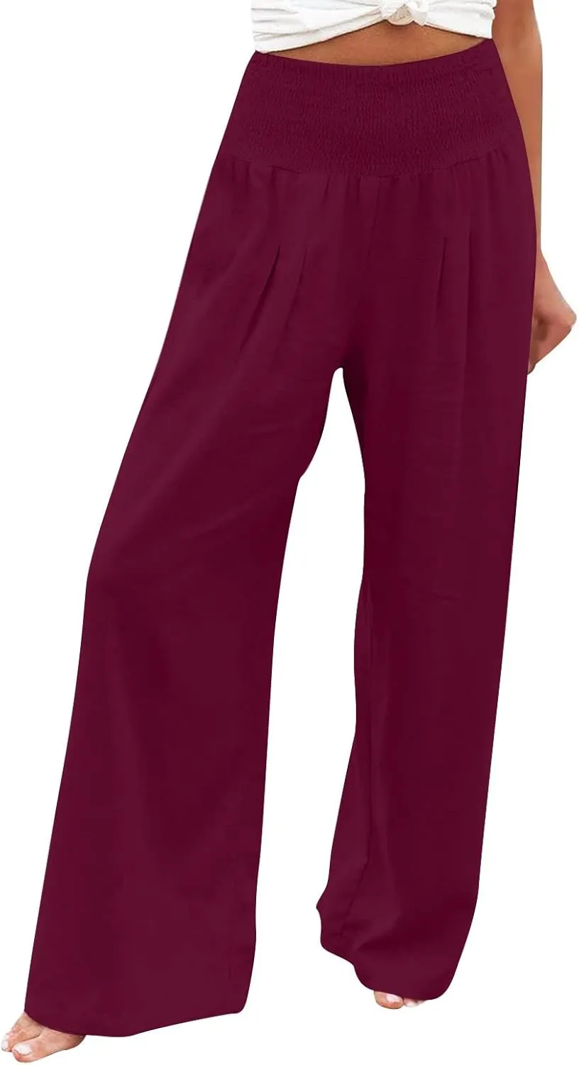 Women's Cotton Linen Summer Pull On Palazzo Lounge Pants Low Waist Bootcut Slim-Fit Trousers Trendy