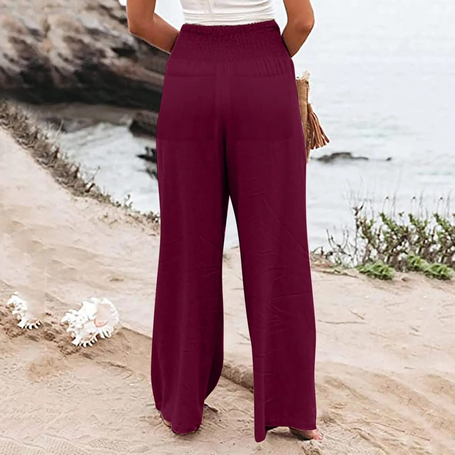 Women's Cotton Linen Summer Pull On Palazzo Lounge Pants Low Waist Bootcut Slim-Fit Trousers Trendy