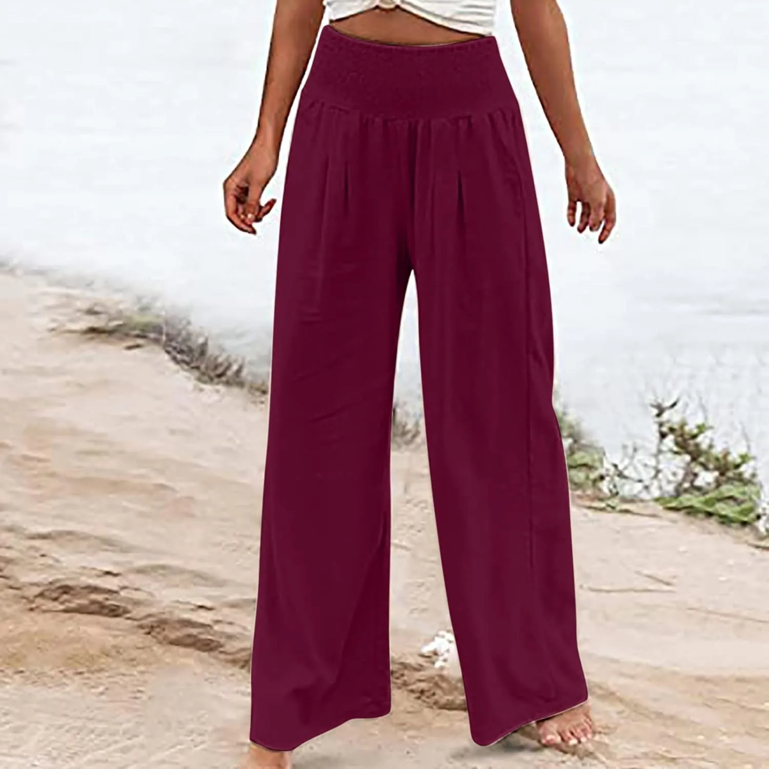 Women's Cotton Linen Summer Pull On Palazzo Lounge Pants Low Waist Bootcut Slim-Fit Trousers Trendy