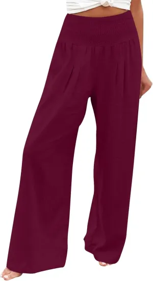 Women's Cotton Linen Summer Pull On Palazzo Lounge Pants Low Waist Bootcut Slim-Fit Trousers Trendy