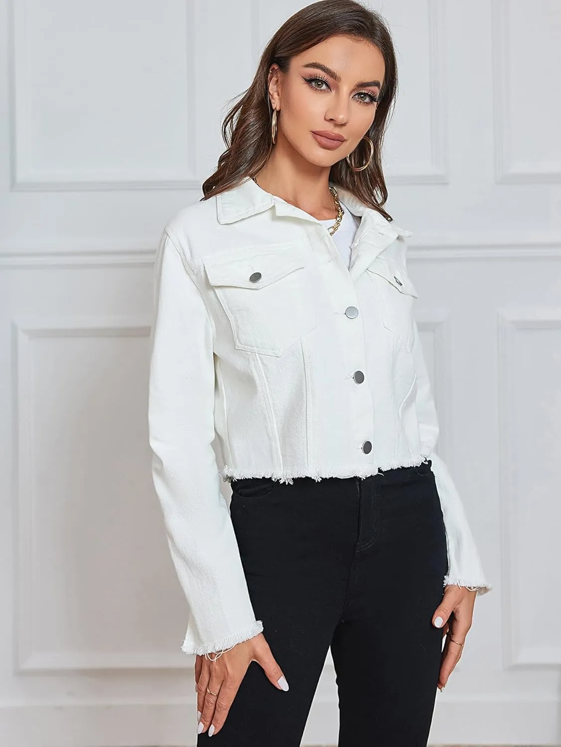 Women's Cropped Jean Jacket Button Up Casual Ripped Frayed Washed Denim Jacket