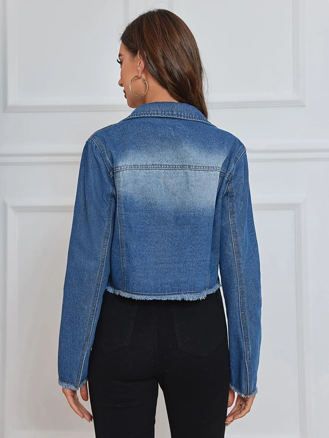 Women's Cropped Jean Jacket Button Up Casual Ripped Frayed Washed Denim Jacket