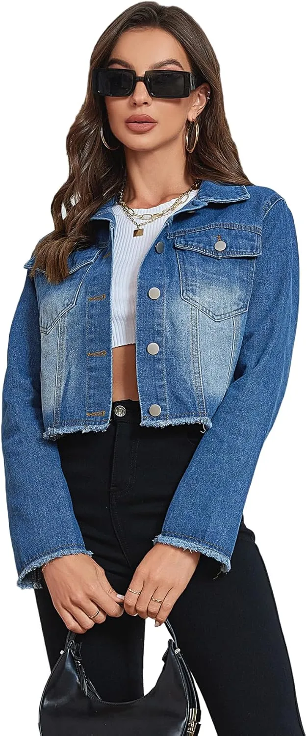 Women's Cropped Jean Jacket Button Up Casual Ripped Frayed Washed Denim Jacket