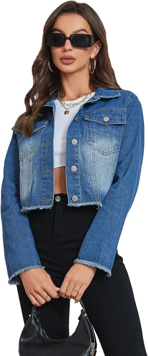 Women's Cropped Jean Jacket Button Up Casual Ripped Frayed Washed Denim Jacket
