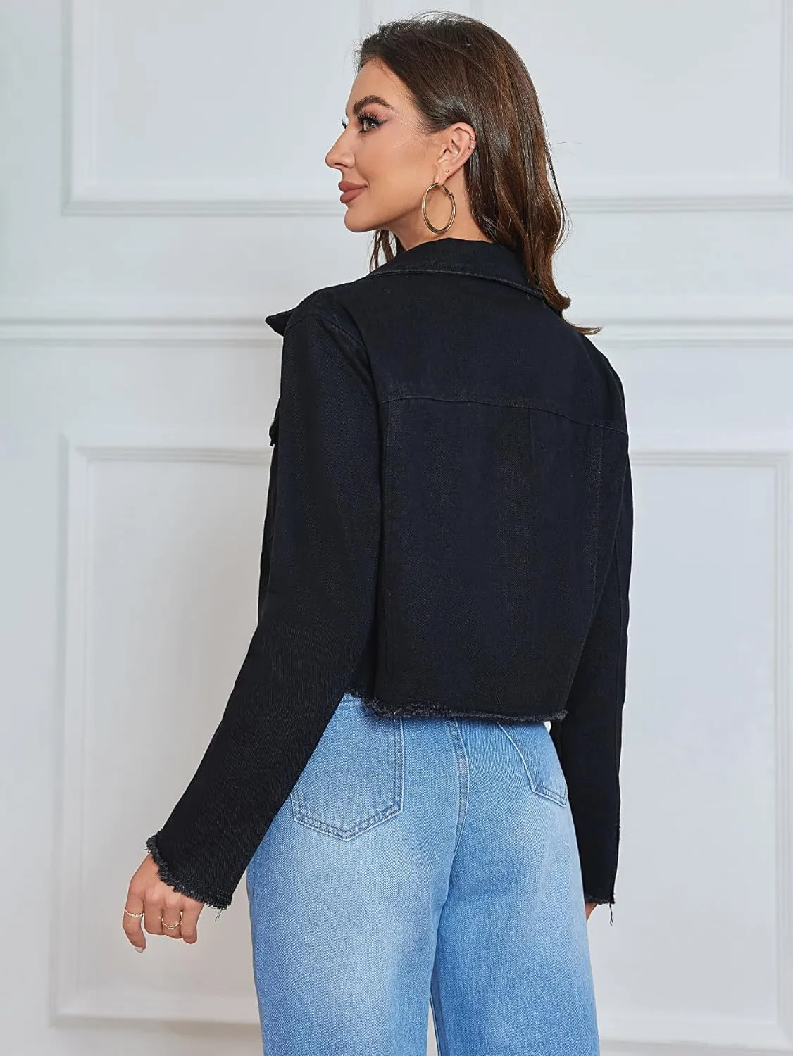 Women's Cropped Jean Jacket Button Up Casual Ripped Frayed Washed Denim Jacket