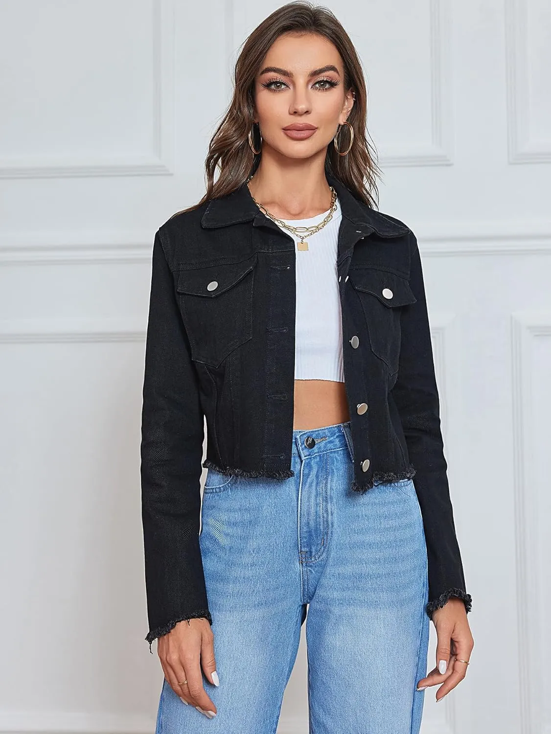Women's Cropped Jean Jacket Button Up Casual Ripped Frayed Washed Denim Jacket